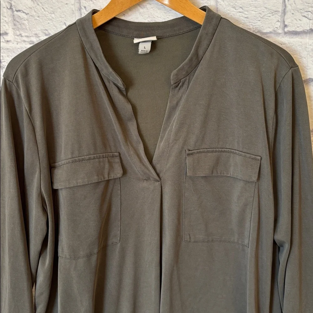 A New Day Long Sleeve Blouse Top Neutral Olive Green V Neck Soft Size Large